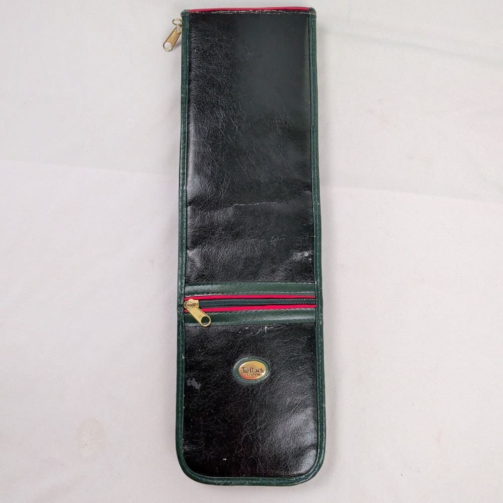 Tie Rack London Vintage Black Faux Leather Travel Tie Case Organizer Green Trim